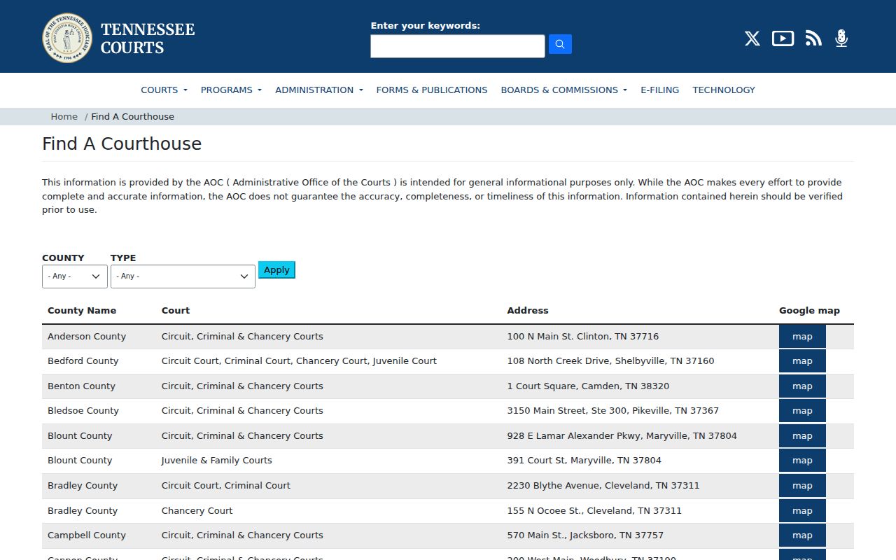 Tennessee AOC courthouse search interface for Carroll County