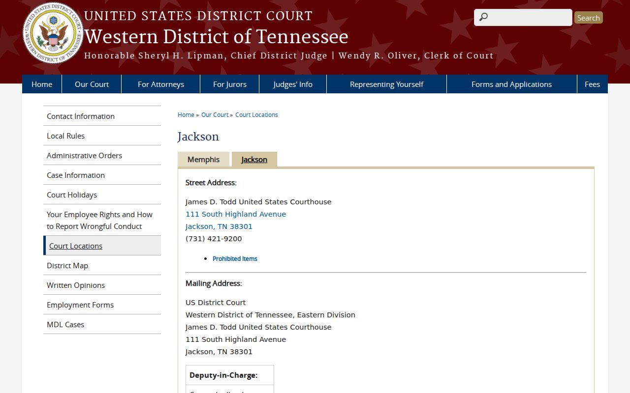 Western District of Tennessee Jackson federal courthouse information