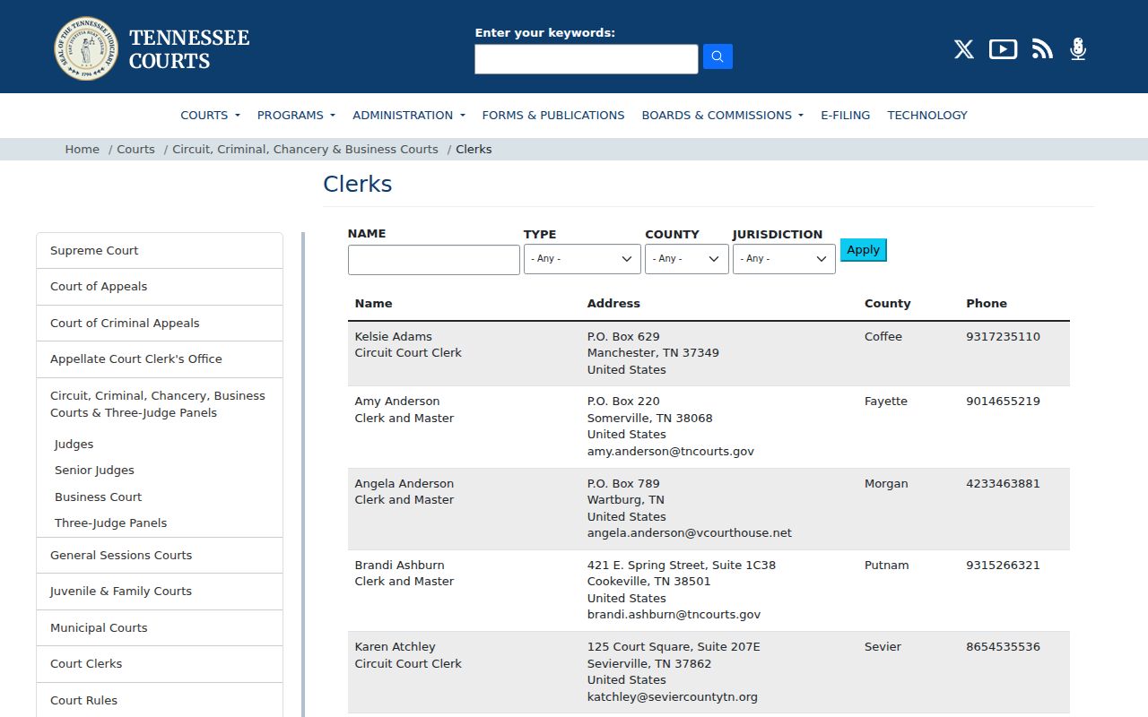 Tennessee trial court clerk directory for Carroll County docket offices