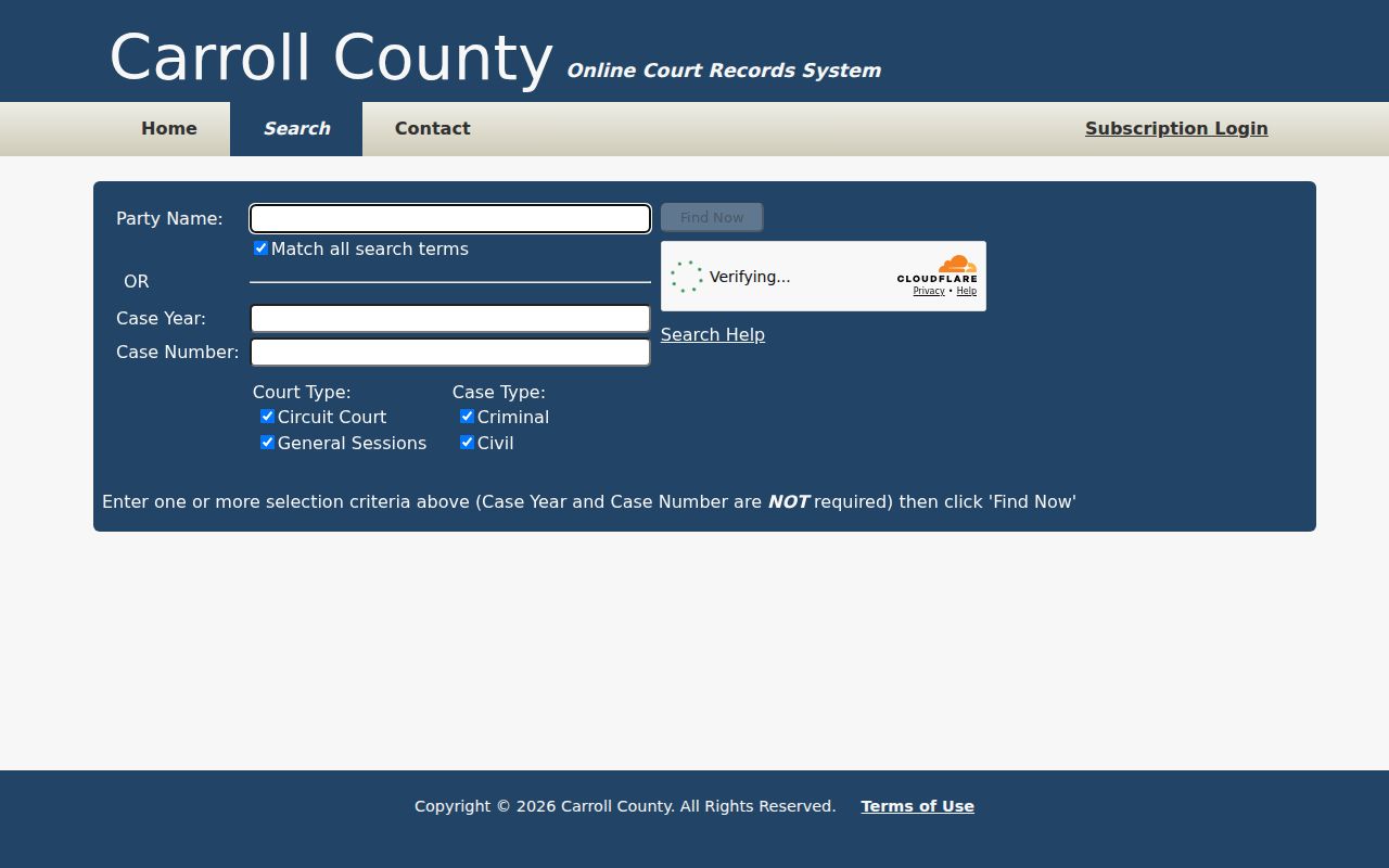 Carroll County case lookup search form controls