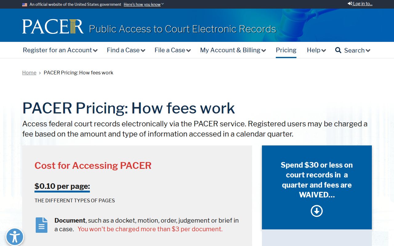 Carroll County civil docket federal PACER pricing information